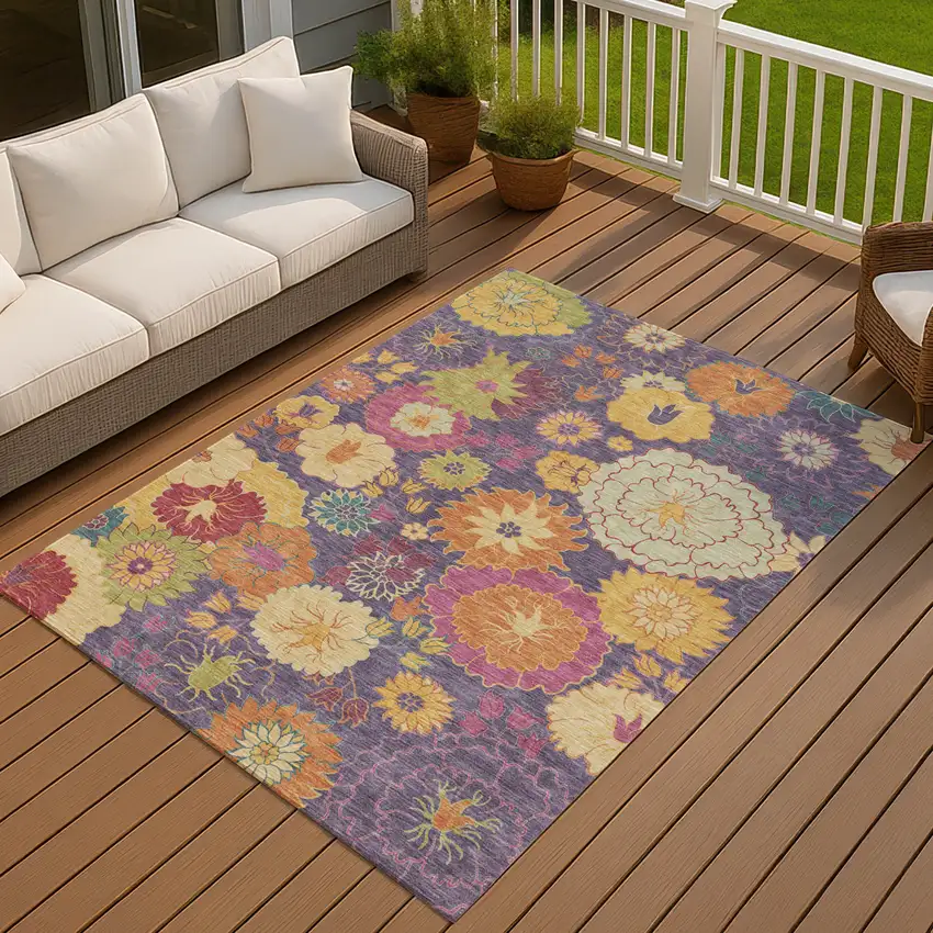 Purple Gold And Pink Floral Washable Indoor Outdoor Area Rug Photo 7