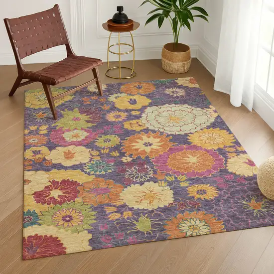 Purple Gold And Pink Floral Washable Indoor Outdoor Area Rug Photo 9