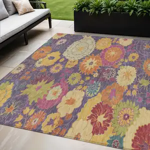 Photo of Purple Gold And Pink Floral Washable Indoor Outdoor Area Rug