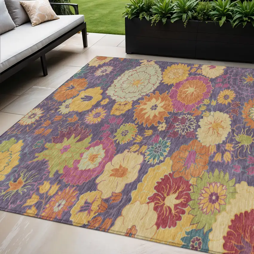 Purple Gold And Pink Floral Washable Indoor Outdoor Area Rug Photo 1