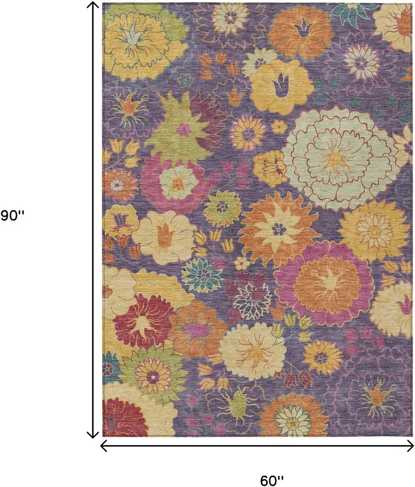 Purple Gold And Pink Floral Washable Indoor Outdoor Area Rug Photo 3