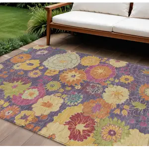 Photo of Purple Gold And Pink Floral Washable Indoor Outdoor Area Rug