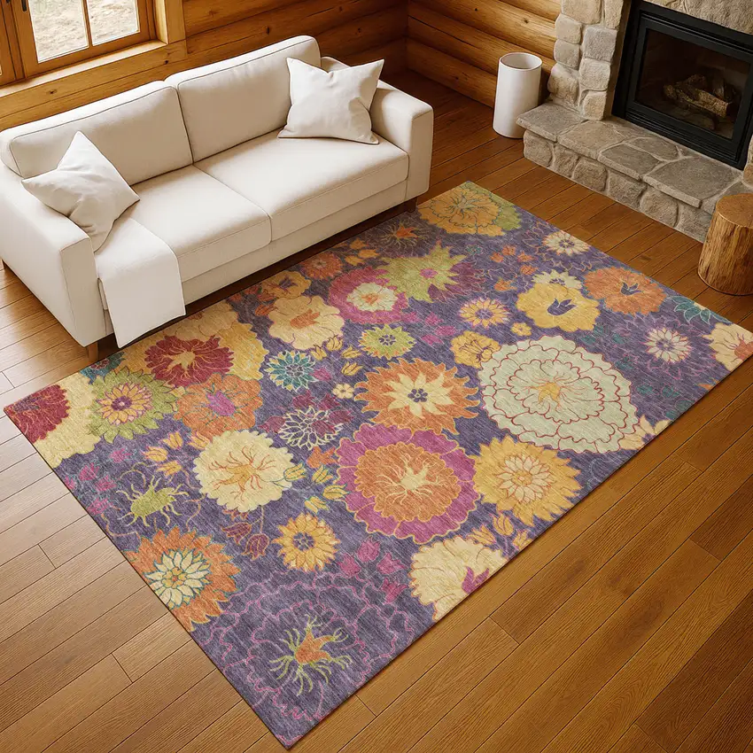 Purple Gold And Pink Floral Washable Indoor Outdoor Area Rug Photo 9