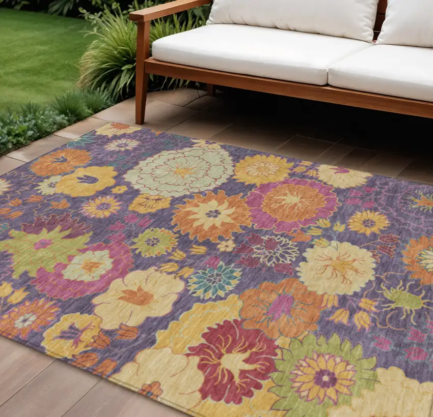 Purple Gold And Pink Floral Washable Indoor Outdoor Area Rug Photo 1