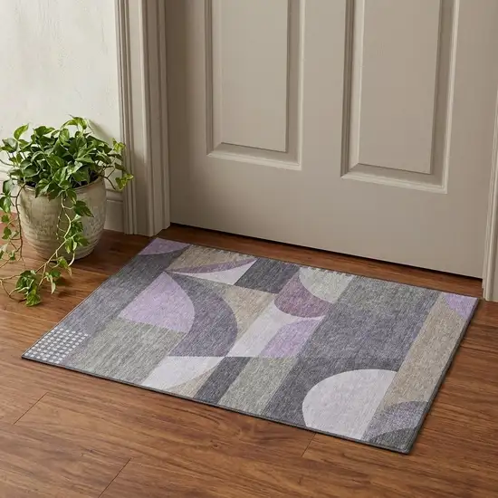 Purple Gray And Beige Geometric Washable Area Rug With UV Protection Photo 1