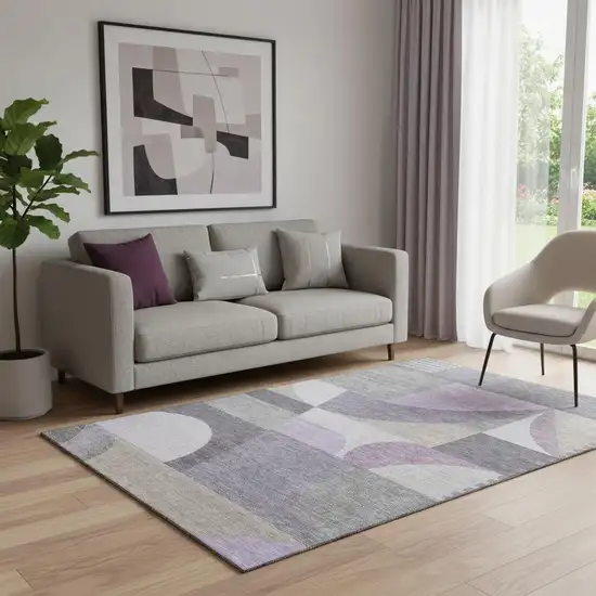 Purple Gray And Beige Geometric Washable Area Rug With UV Protection Photo 2