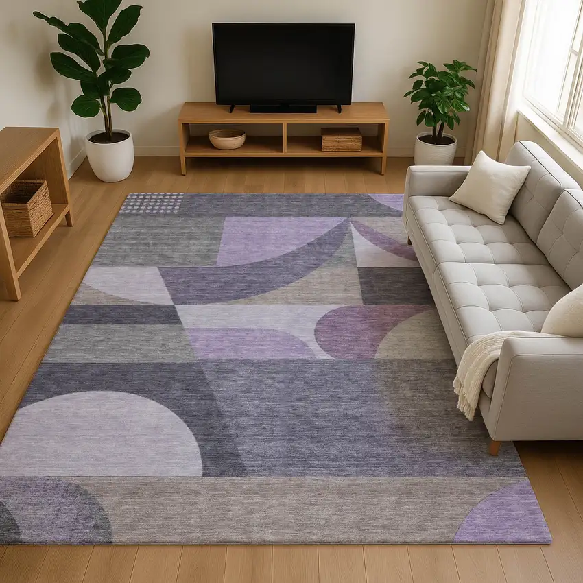 Purple Gray And Beige Geometric Washable Area Rug With UV Protection Photo 4
