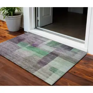 Photo of Purple Gray And Green Abstract Washable Indoor Outdoor Area Rug