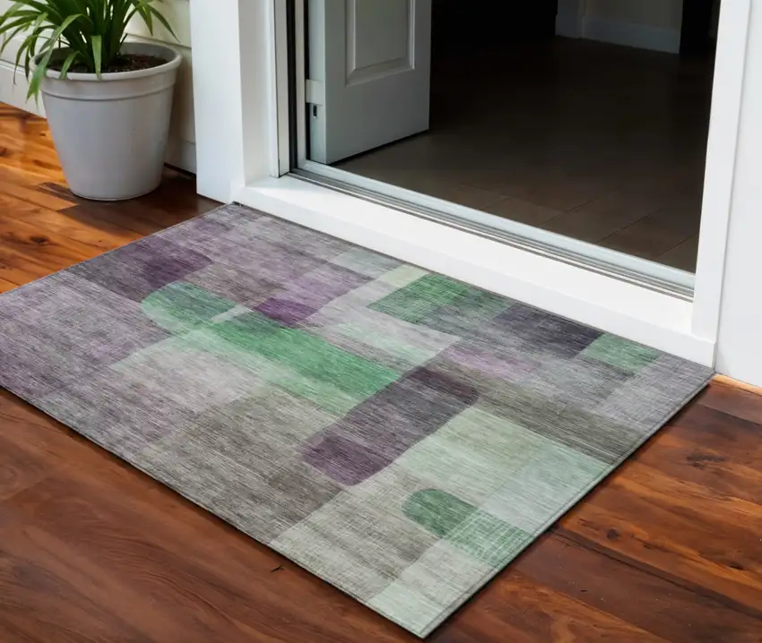 Purple Gray And Green Abstract Washable Indoor Outdoor Area Rug Photo 1
