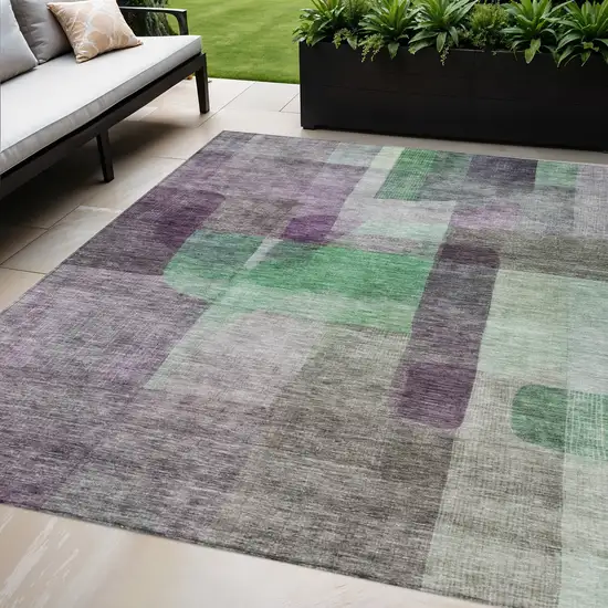Purple Gray And Green Abstract Washable Indoor Outdoor Area Rug Photo 1