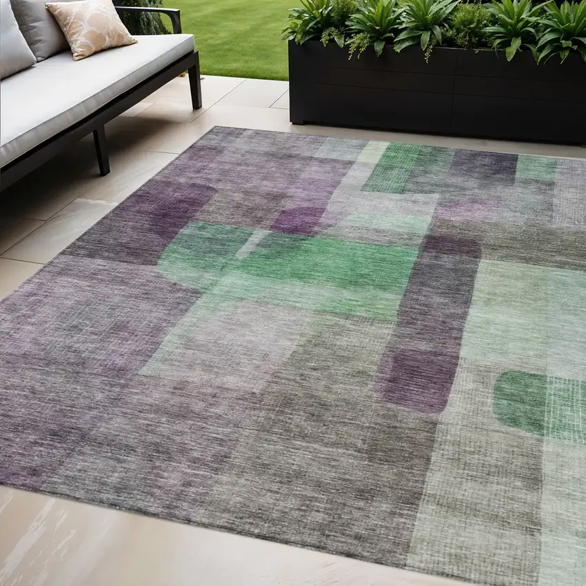 Purple Gray And Green Abstract Washable Indoor Outdoor Area Rug Photo 1