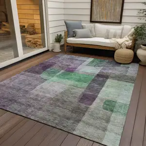 Photo of Purple Gray And Green Abstract Washable Indoor Outdoor Area Rug