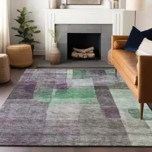 Photo of Purple Gray And Green Abstract Washable Indoor Outdoor Area Rug