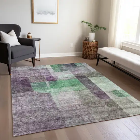 Purple Gray And Green Abstract Washable Indoor Outdoor Area Rug Photo 9