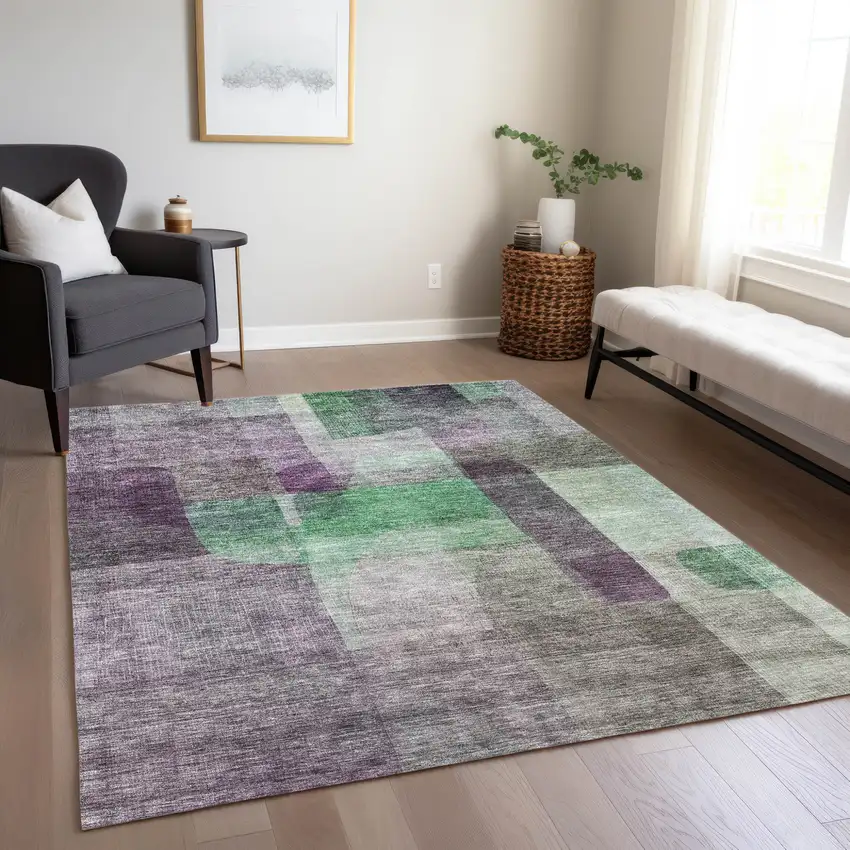 Purple Gray And Green Abstract Washable Indoor Outdoor Area Rug Photo 9