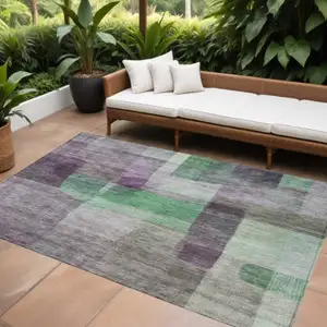 Photo of Purple Gray And Green Abstract Washable Indoor Outdoor Area Rug