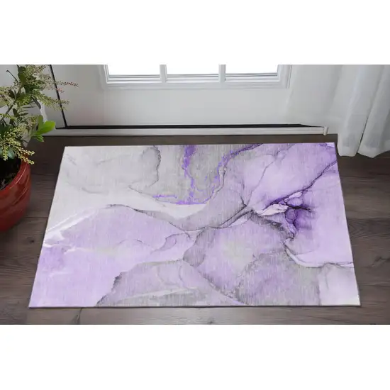Purple Gray And Ivory Abstract Washable Area Rug With UV Protection Photo 2
