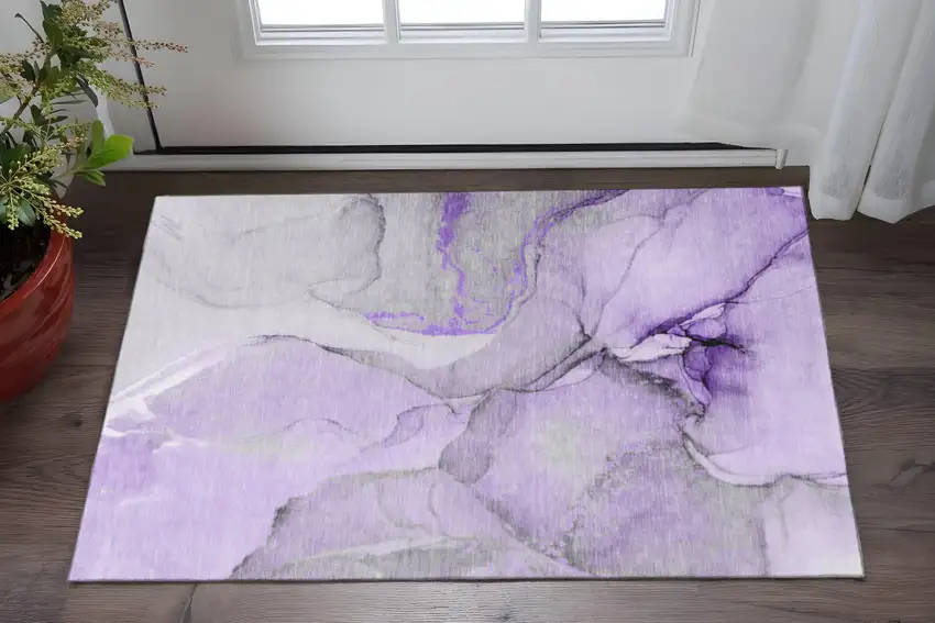 Purple Gray And Ivory Abstract Washable Area Rug With UV Protection Photo 2