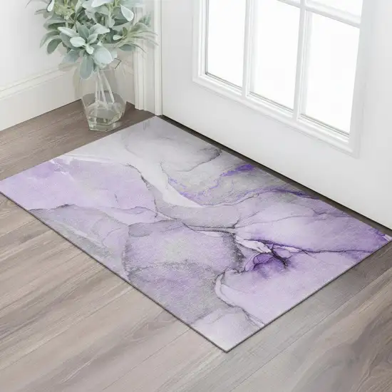 Purple Gray And Ivory Abstract Washable Area Rug With UV Protection Photo 1