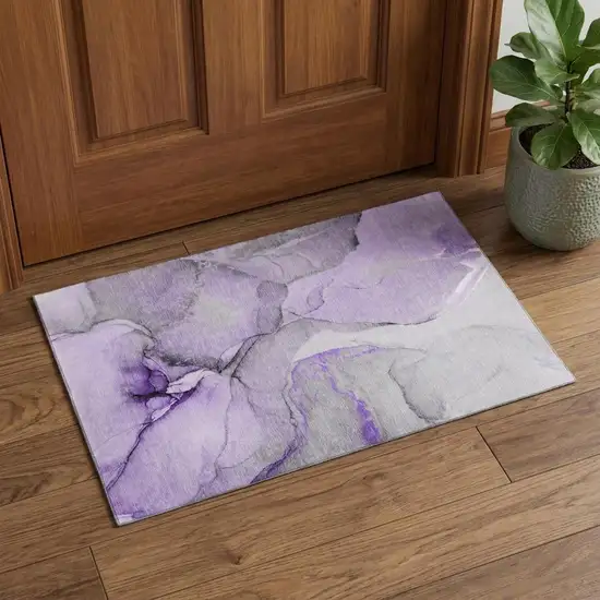 Purple Gray And Ivory Abstract Washable Area Rug With UV Protection Photo 1