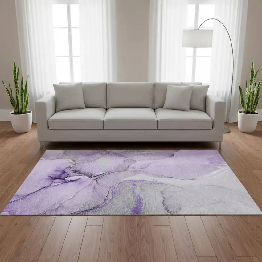 Purple Gray And Ivory Abstract Washable Area Rug With UV Protection Photo 1