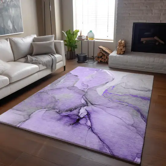 Purple Gray And Ivory Abstract Washable Area Rug With UV Protection Photo 5