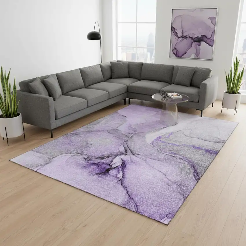 Purple Gray And Ivory Abstract Washable Area Rug With UV Protection Photo 3