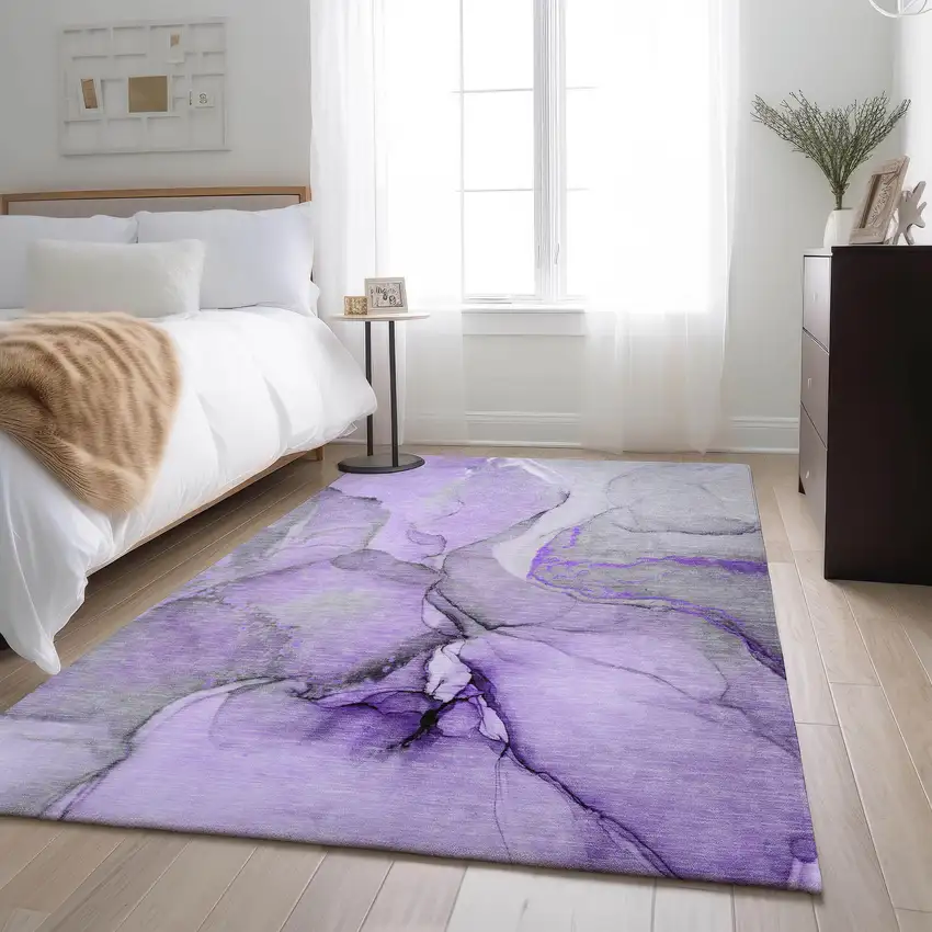 Purple Gray And Ivory Abstract Washable Area Rug With UV Protection Photo 6