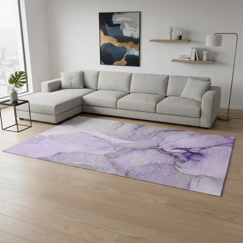 Purple Gray And Ivory Abstract Washable Area Rug With UV Protection Photo 2