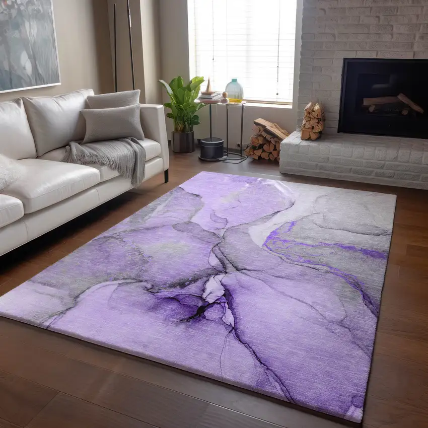 Purple Gray And Ivory Abstract Washable Area Rug With UV Protection Photo 7