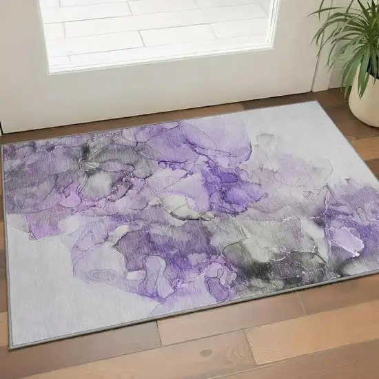 Purple Gray And Ivory Abstract Washable Area Rug With UV Protection Photo 1