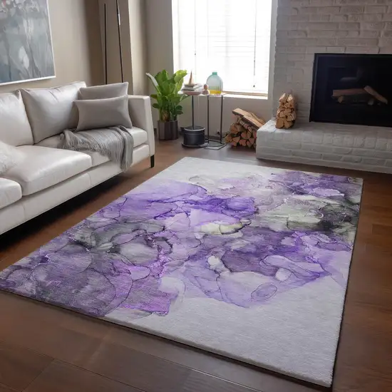 Purple Gray And Ivory Abstract Washable Area Rug With UV Protection Photo 6
