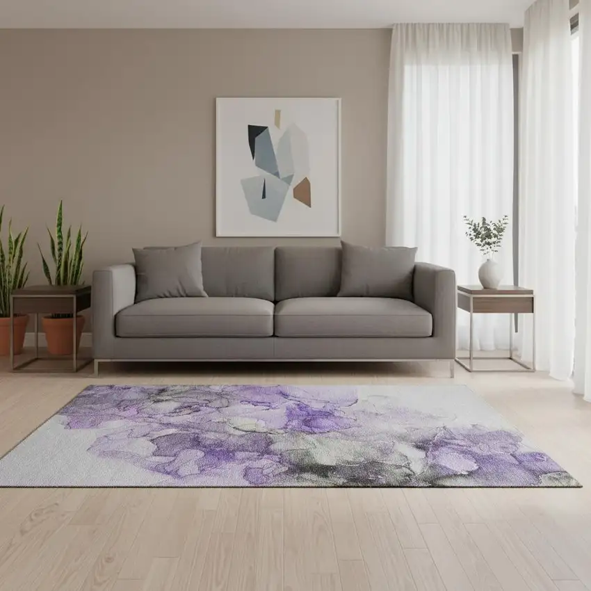 Purple Gray And Ivory Abstract Washable Area Rug With UV Protection Photo 1