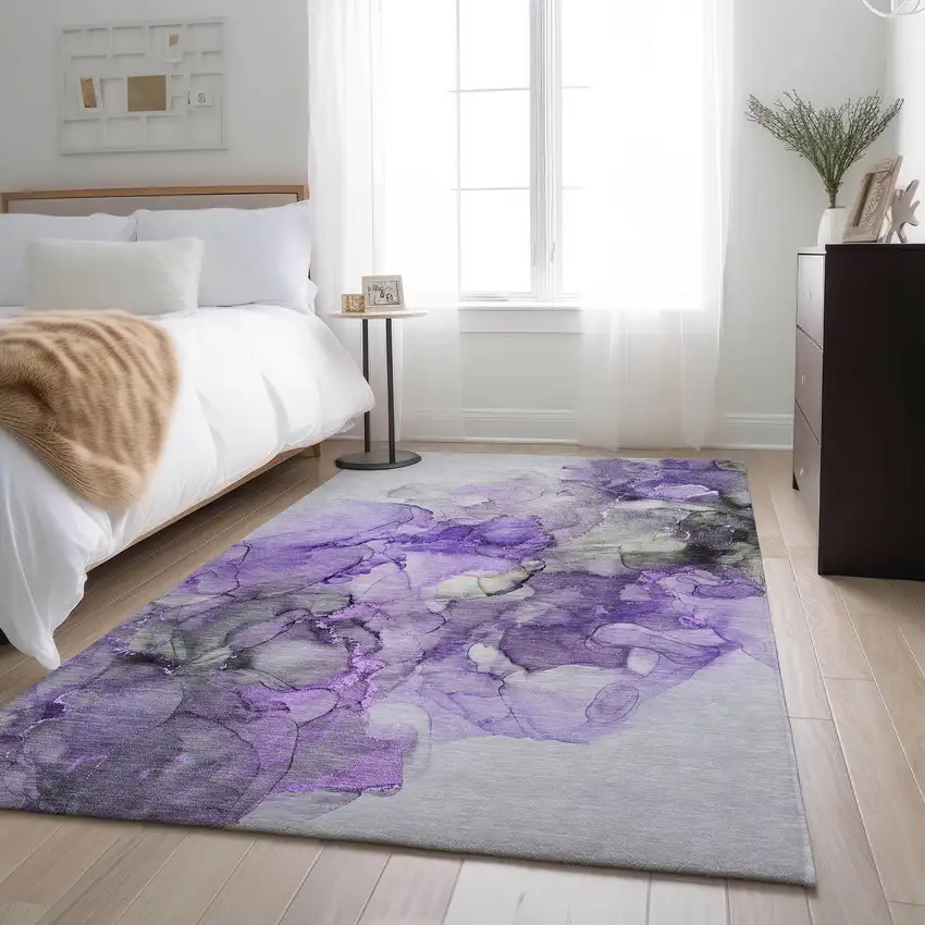 Purple Gray And Ivory Abstract Washable Area Rug With UV Protection Photo 5