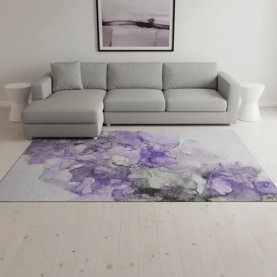 Purple Gray And Ivory Abstract Washable Area Rug With UV Protection Photo 1