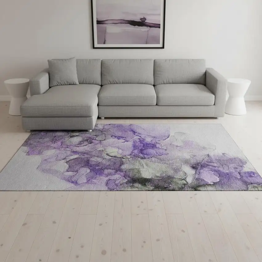 Purple Gray And Ivory Abstract Washable Area Rug With UV Protection Photo 1