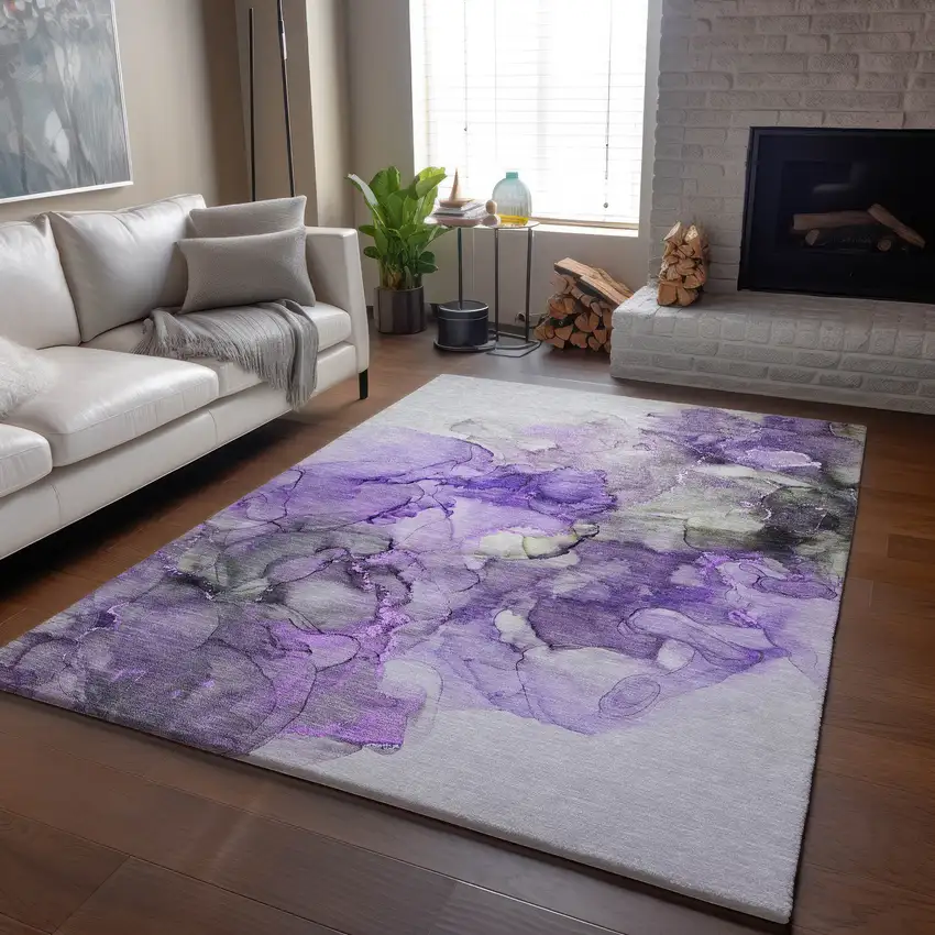 Purple Gray And Ivory Abstract Washable Area Rug With UV Protection Photo 6