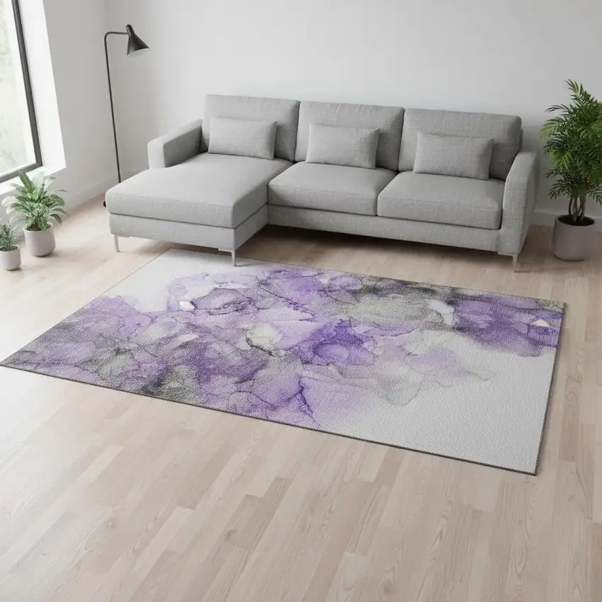 Purple Gray And Ivory Abstract Washable Area Rug With UV Protection Photo 1