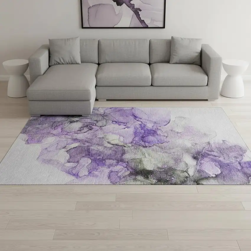 Purple Gray And Ivory Abstract Washable Area Rug With UV Protection Photo 1