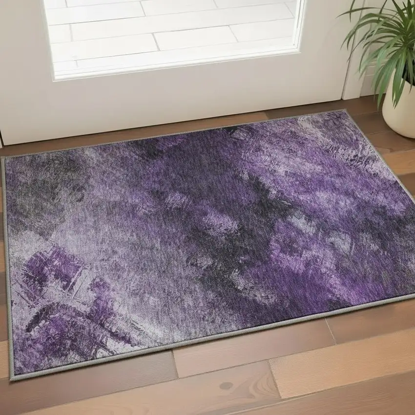 Purple Gray And Ivory Abstract Washable Area Rug With UV Protection Photo 1