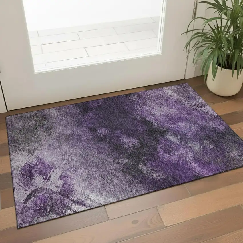 Purple Gray And Ivory Abstract Washable Area Rug With UV Protection Photo 1