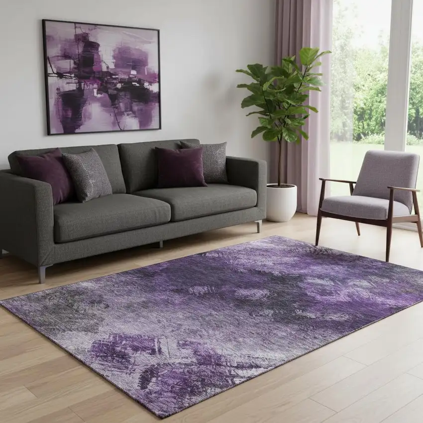 Purple Gray And Ivory Abstract Washable Area Rug With UV Protection Photo 1