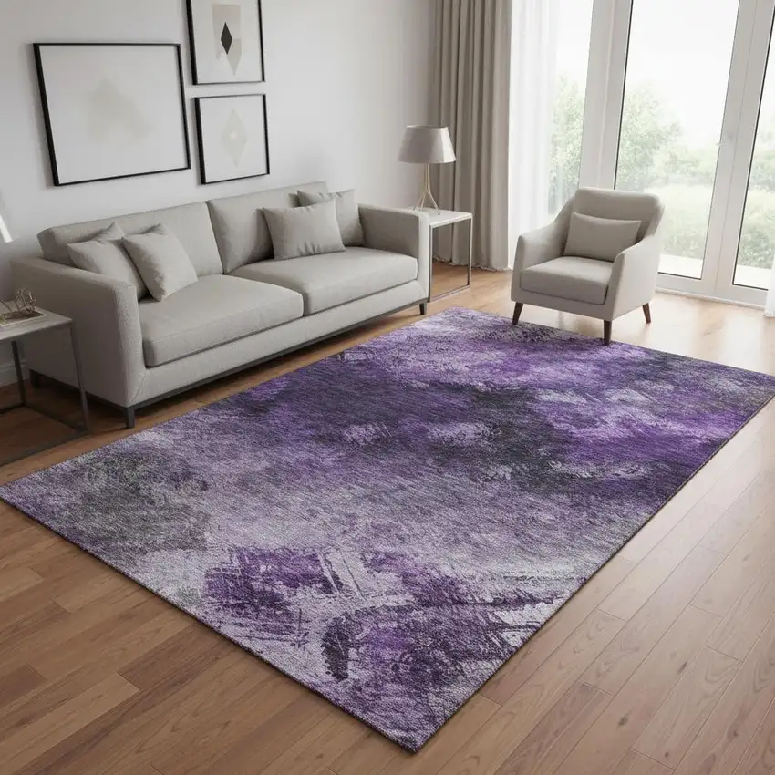 Purple Gray And Ivory Abstract Washable Area Rug With UV Protection Photo 2