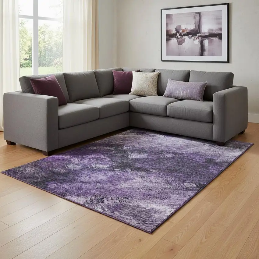 Purple Gray And Ivory Abstract Washable Area Rug With UV Protection Photo 1