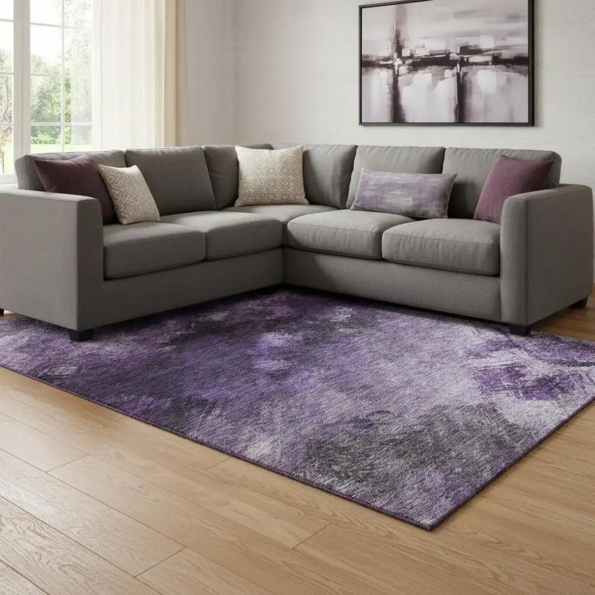 Purple Gray And Ivory Abstract Washable Area Rug With UV Protection Photo 1