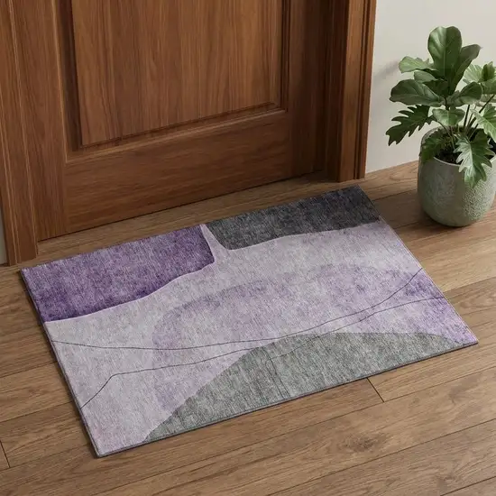 Purple Gray And Ivory Abstract Washable Area Rug With UV Protection Photo 1