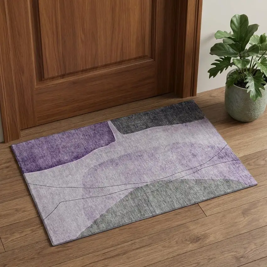 Purple Gray And Ivory Abstract Washable Area Rug With UV Protection Photo 1