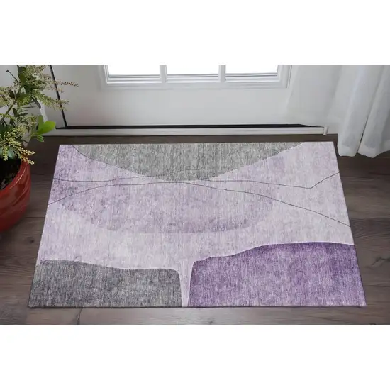 Purple Gray And Ivory Abstract Washable Area Rug With UV Protection Photo 2