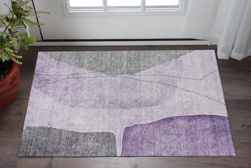 Purple Gray And Ivory Abstract Washable Area Rug With UV Protection Photo 2