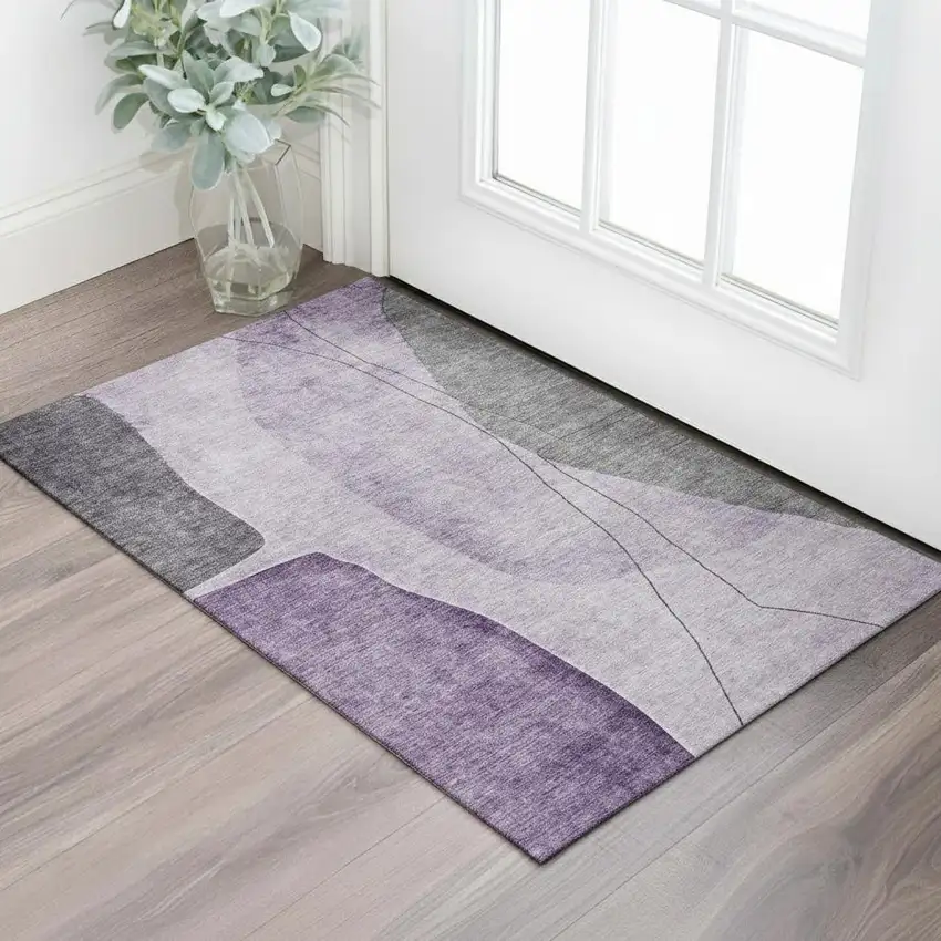 Purple Gray And Ivory Abstract Washable Area Rug With UV Protection Photo 1